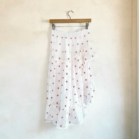 Anaak Delá Embroidered Asymmetrical Ruffle Midi Skirt Rouge Blanc Jamdani 0 XS - Picture 4 of 16